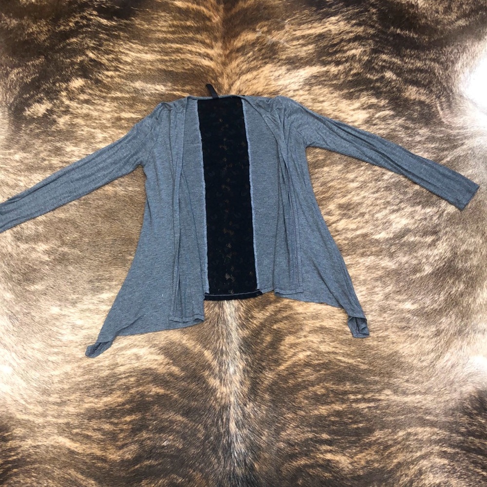 Gilli DBA Solgee Gray And Black Asymmetrical Cardigan With Lace Back